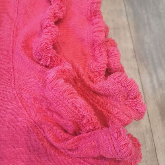 Chico's Pink 100% Linen Flutter Sleeve Top Size 3 (XL) V-Neck Fringe Hems - Picture 2 of 7